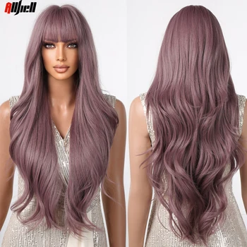 Šviesiai violetiniai ilgi banguoti sintetiniai perukai su kirpčiukais Lolita Cosplay plaukai moterims Natūralaus kūno bangų vakarėlis Kasdienis karščiui atsparus perukas