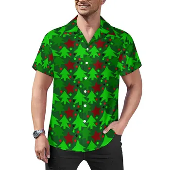Žali Kalėdų eglutės paplūdimio marškinėliai Raudonos žvaigždės Spausdinti Havajų laisvalaikio marškiniai Vyriškos šaunios palaidinės trumpomis rankovėmis Grafinės viršūnės plius dydis
